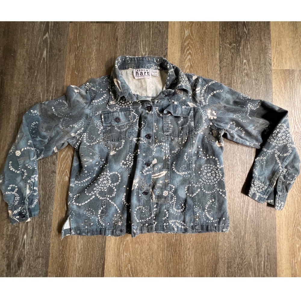 Keren Hart Denim Jacket Women Large Blue Batik Floral Print Button Front Cotton